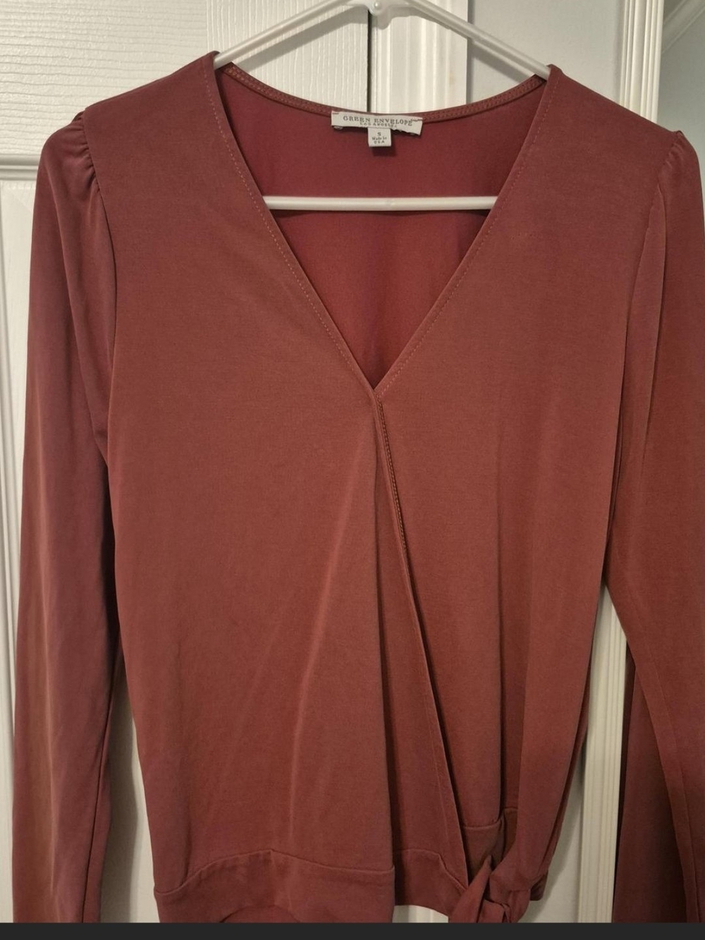 Green Envelope Rust Wrap-Front V-Neck Long Sleeve Top